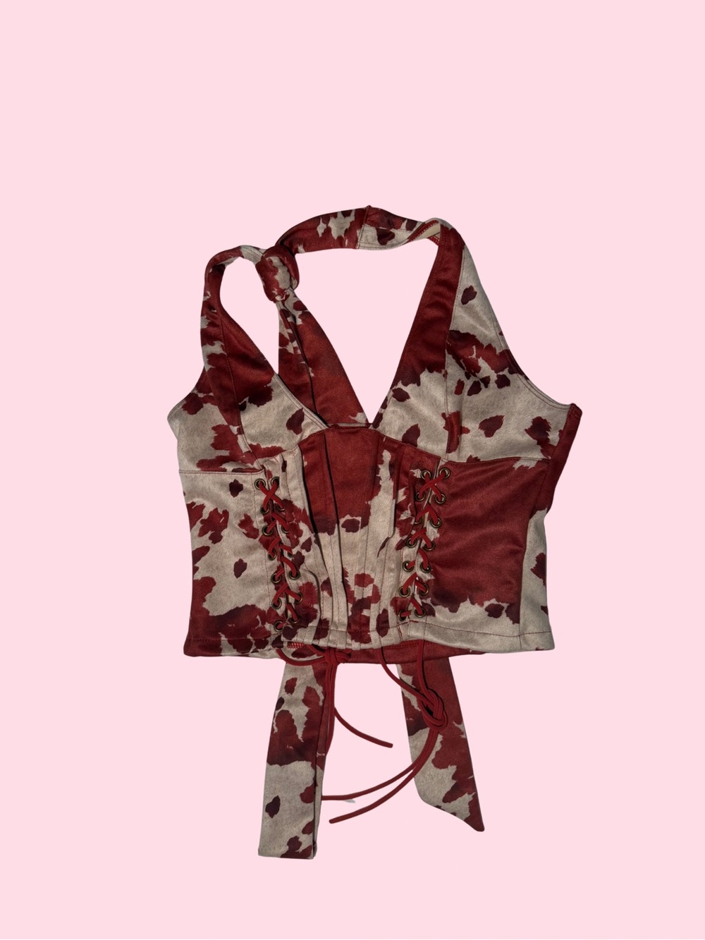 SHEIN Red and Cream Lace-Up Corset Halter Top